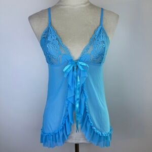 Turquoise Blue Lace Mesh Babydoll Chemise Ruffle Flyaway Adjustable Lingerie Top